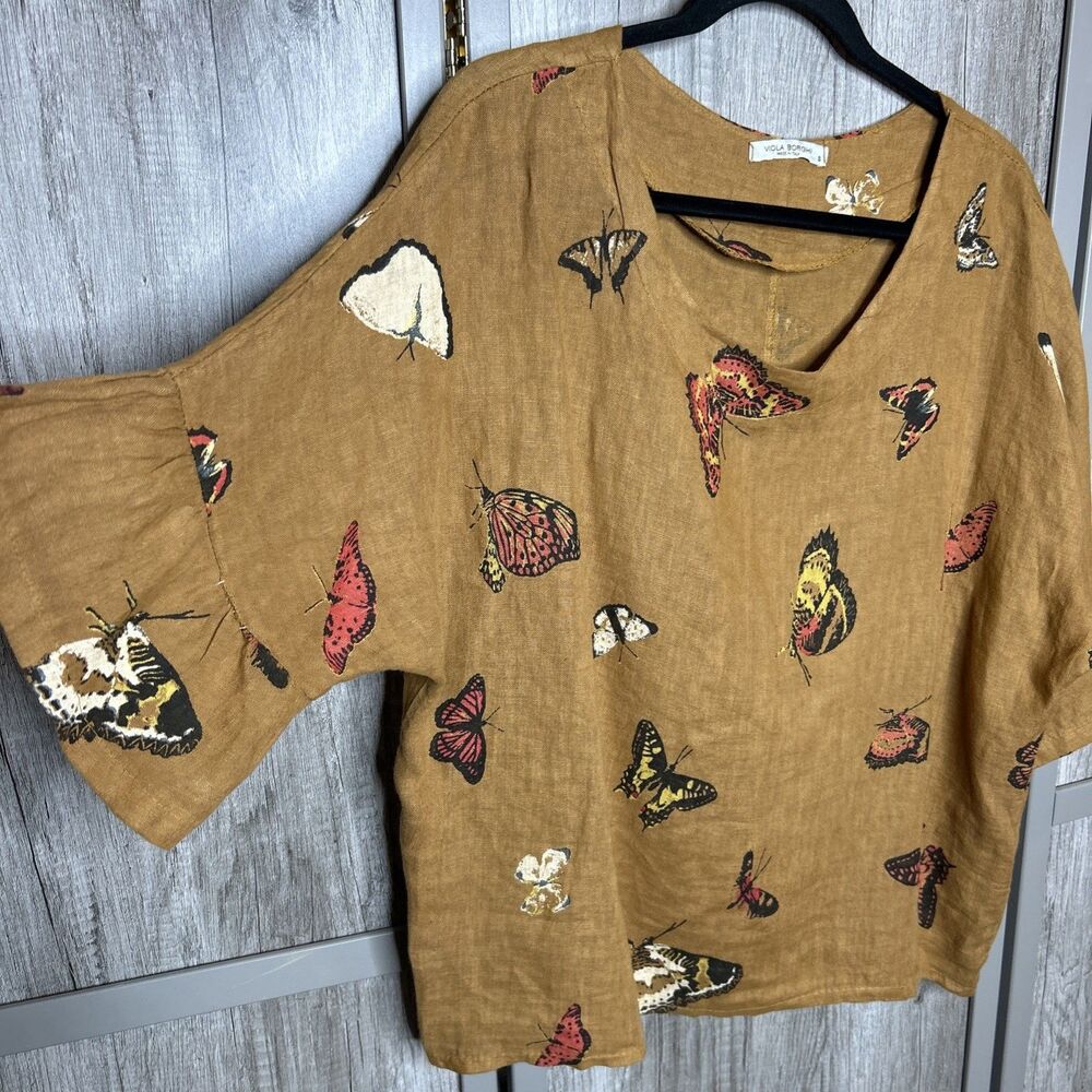 Viola Borghi Linen Top Size S Butterfly Print Short Ruffle Sleeve Italy
